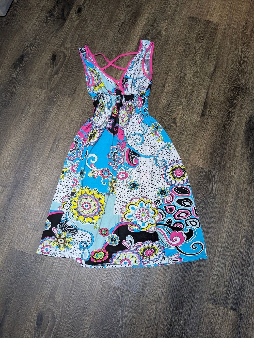 Sleeveless Multicolor Floral Print Summer Dress - Pink & Blue, Sz M